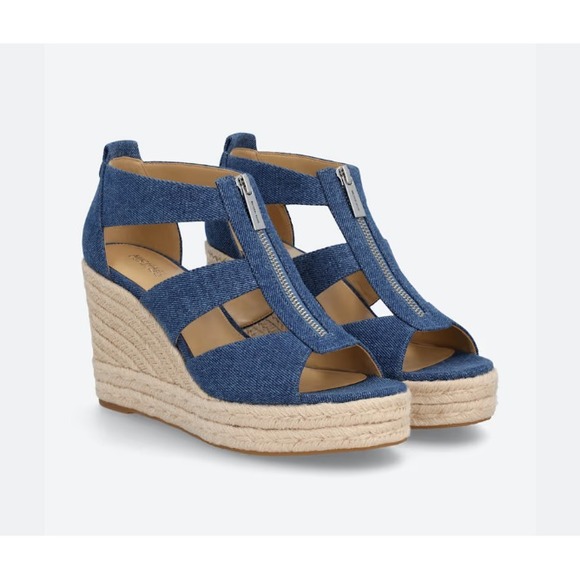 Michael Kors Espadrille Wedge Sandals Womens 8.5 Blue Denim Etta Platform Zip Up - Picture 2 of 7